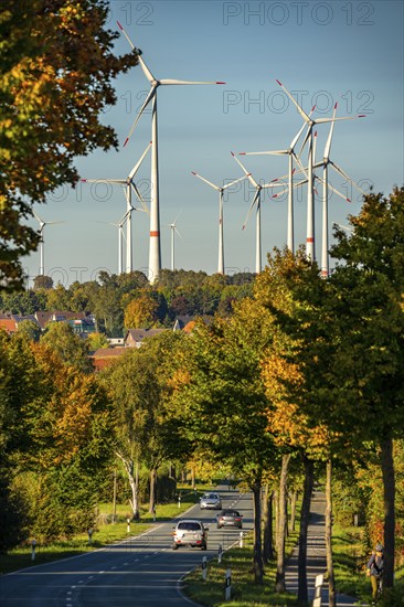 Wind farm near Lichtenau, federal road B68, wind turbines, autumn, North Rhine-Westphalia, Germany,