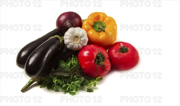 Set of vegetables, for the Turkish dish Imam Bayaldy, eggplant, tomatoes, herbs, sweet pepper, red