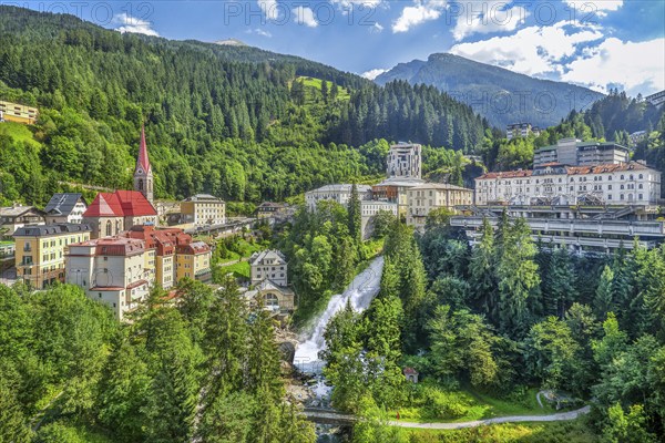 Panorama of the historic town centre with waterfall of the Gasteiner Ache, Bad Gastein, Gastein