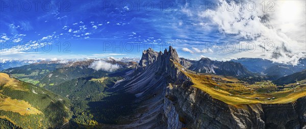 The peaks Sas Rigais and Furchetta of the Geisler group, wide-angle panoramic photo, drone photo,