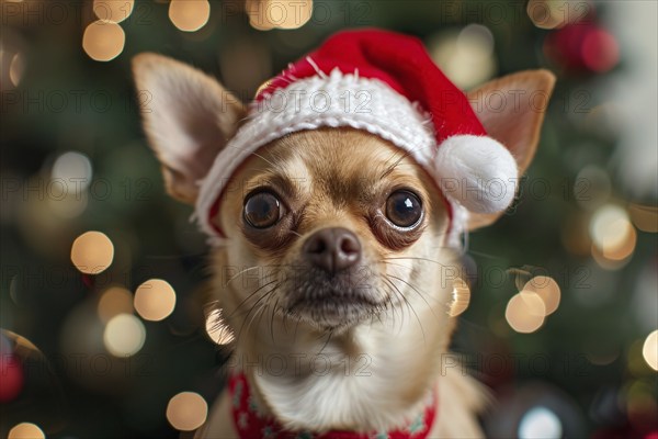 Cute small Chihuahua dog with red santa hat in front of blurry christmas tree Generative Ai, AI