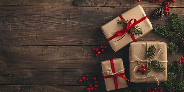Top view of Christmas gift boxes wrapped in brown craft paper with berries and fir branches on