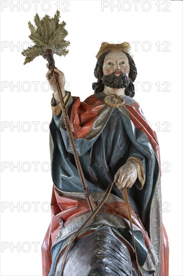Head of Christ, detail of the palm donkey on white ground, wooden figure from around 1470, Church