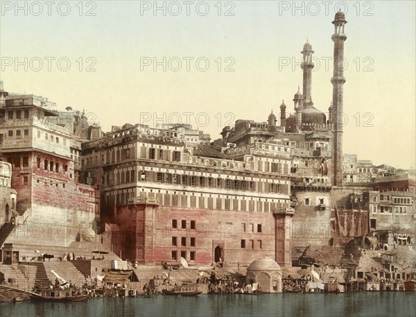 Benares, Varanasi. Aurungzebs Mosque, India, digitally restored reproduction from a 19th century