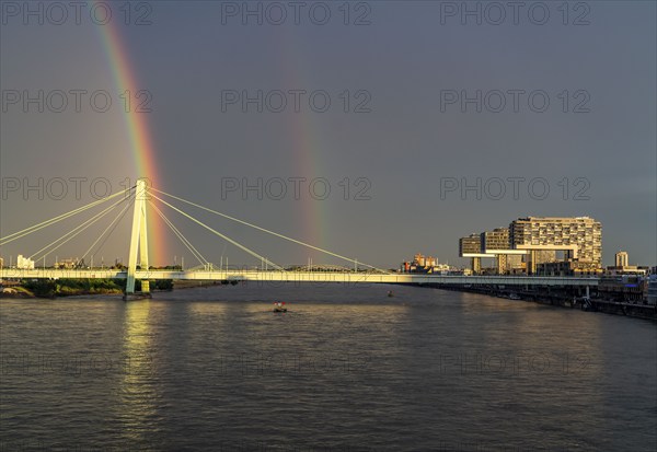 Severin Bridge over the Rhine, Crane Houses, Rainbow, Cologne, North Rhine-Westphalia, Germany,