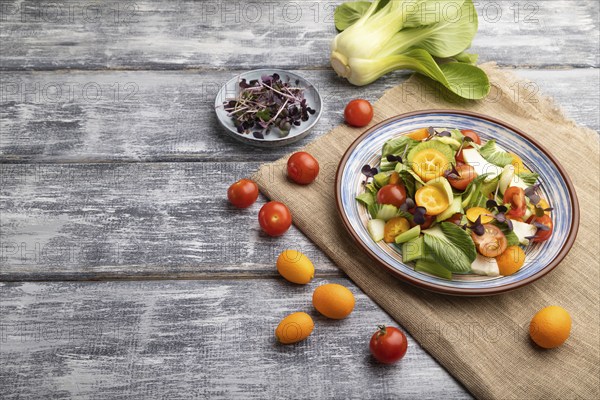 Vegetarian salad of pac choi cabbage, kiwi, tomatoes, kumquat, microgreen sprouts on gray wooden