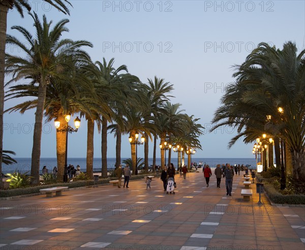 Balcon de Europa terrace in evening town of Nerja, Malaga province, Spain, Europe