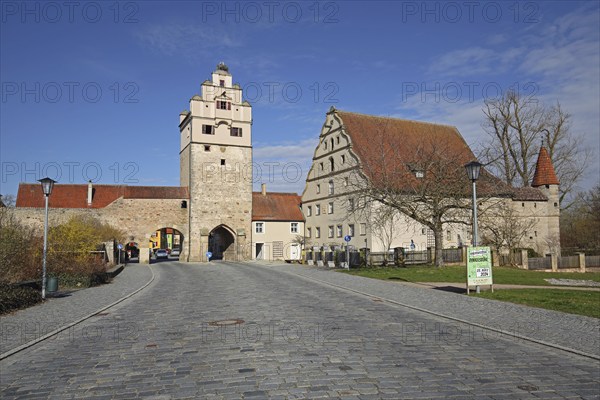 Nördlinger Tor with town fortifications, town wall and historic town mill, town gate, town tower,