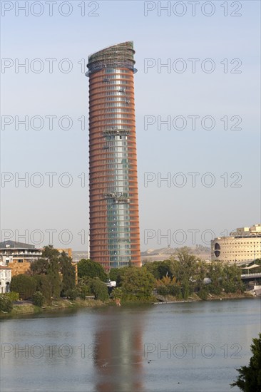 Cajasol Tower office block under construction in La Cartuja area of Seville, Spain viewed from the