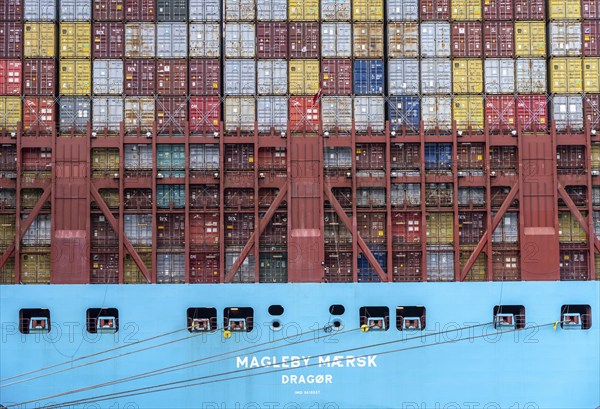 Magleby Maersk container freighter at EUROGATE Container Terminal, Waltershofer Hafen, one of the