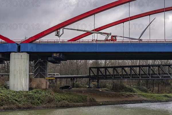 A42 motorway bridge, over the Rhine-Herne Canal, with massive structural damage, technician
