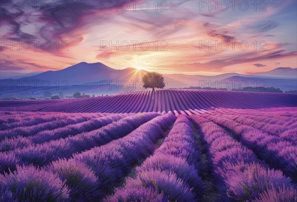 Scenic sunset field of lavender in France. Sunset sky is filled with clouds, AI generated