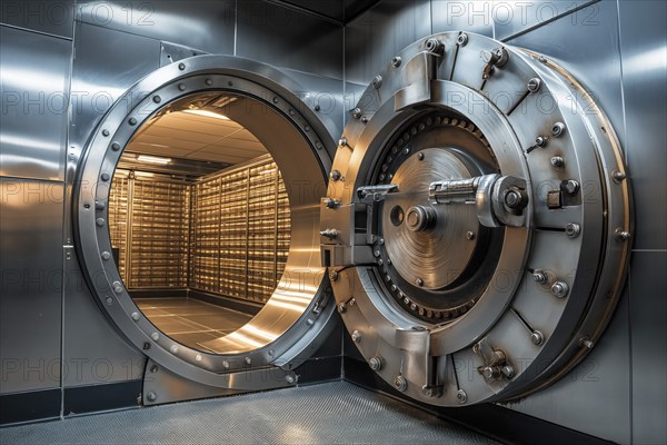 Open bank vault door, revealing a room filled with safety deposit boxes in safe depositary. The