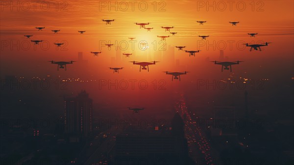 Swarm of UAV unmanned aircraft drones flying near the United States capitol at sunset, AI generated