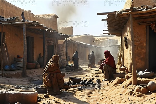 Village with traditional mud houses nestled in the thar desert, AI generated