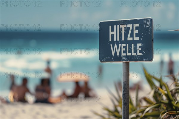 Warning sign with German text 'Hitzewelle' (Heat wave) in front of blurry sunny beach with people.