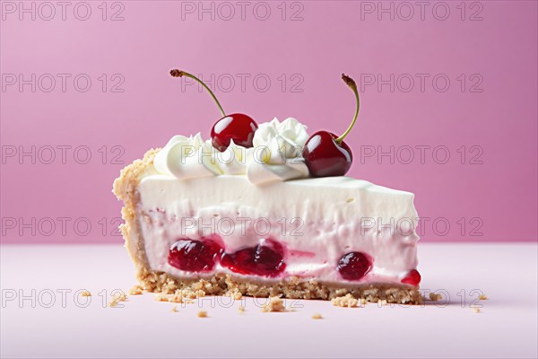 Slice of cherry cream cake on pink background. KI generiert, generiert AI generated