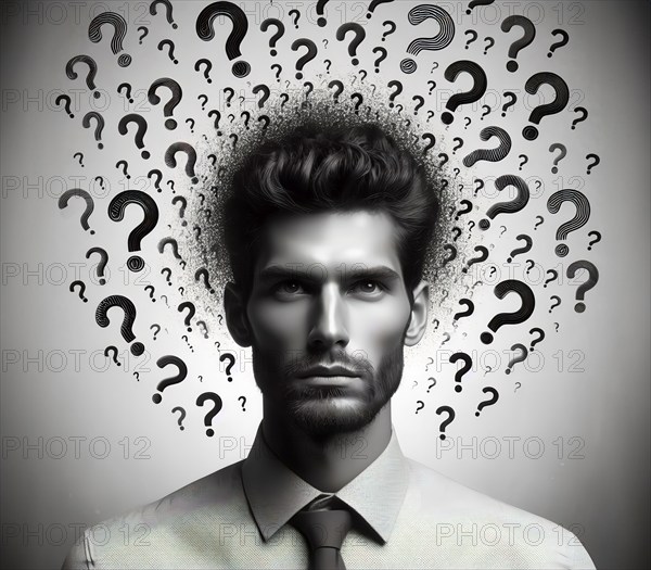 A man whose head is buzzing with question marks, symbolic image knowledge, question, question mark,