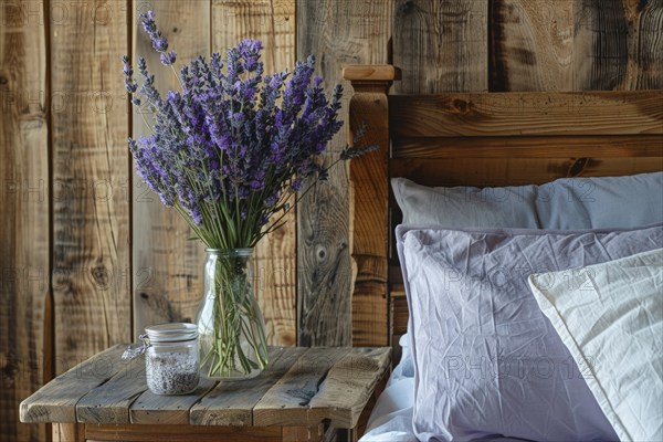 Lavender flowers (Lavendula) in a vase on a bedside table next to a bed, rustic, rural ambience, AI