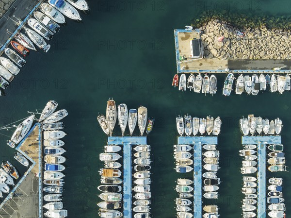 Wharves at the marina of San José. Aerial view. Drone shot. Nature Reserve Cabo de Gata-Nijar,