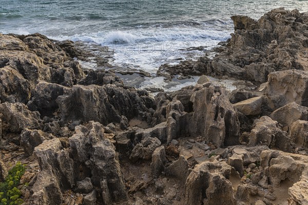 Eroded rocks on the beach of Salines, Ibiza, Balearic Islands, Mediterranean Sea, Spain, Europe