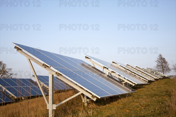 Solar array of photovoltaic panels in countryside at Bromeswell, Suffolk, England, United Kingdom,