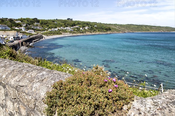 Coastal landscape bay and village houses, Coverack, Lizard Peninsula, Cornwall, England, UK