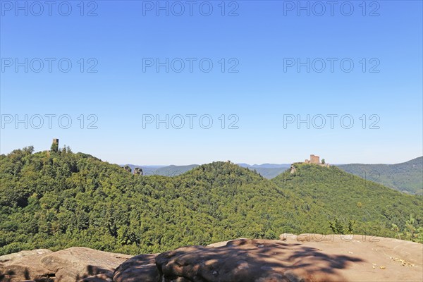 Viewing plateau in the Palatinate Forest with views of the Münz, Anebos and Trifels castles above