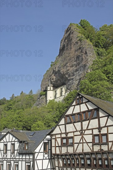 Rock church built in 1484, landmark and half-timbered houses, rock, cliff, mountain, stone wall,