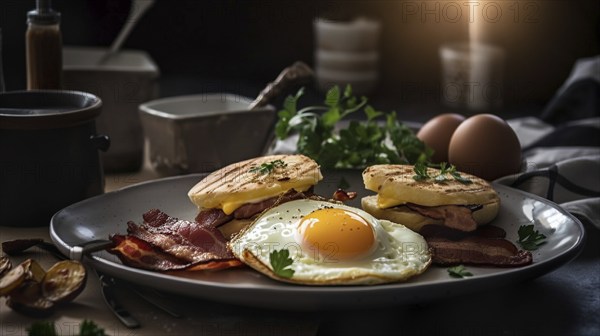 Delicious fresh eggs and bacon breakast plate on table, generative AI, AI generated