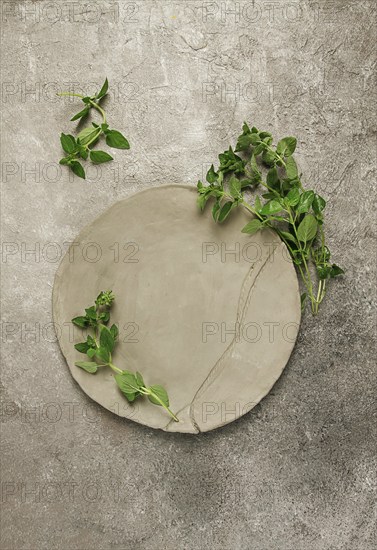 Grey clay plate, handmade, with basil branches, top view, food background, food wallpaper for menu