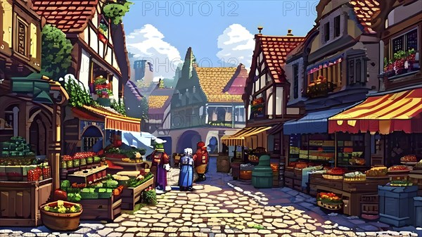 Pixel art scene of a bustling medieval marketplace with vendors displaying various goods, AI