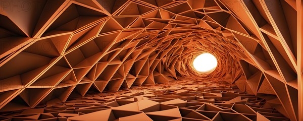 Abstract geometric pattern tunnel structure embodying data streams and communication in orange