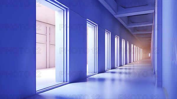 Windows aligned within an elongated tunnel permeated with gradients of light blue hues, AI
