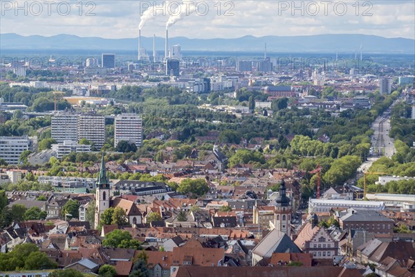 View of Karlsruhe from the Turmberg, Durlach district in front, industry at the Rhine harbour