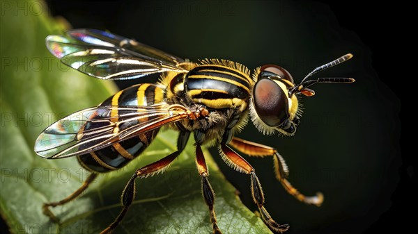 Macro of a hoverfly (Syrphidae), with its striped abdomen and metallic-like wings shimmering in the