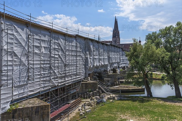 Scaffolding for the renovation of the Stone Bridge, Regensburg, Upper Palatinate, Bavaria, Germany,