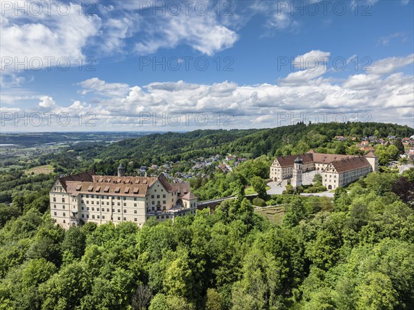 Aerial view of Heiligenberg Castle, a Renaissance-style castle complex, administrative district of
