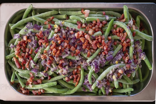 Frozen beans with diced ham and onions, in a bowl, Bavaria, Germany, Europe