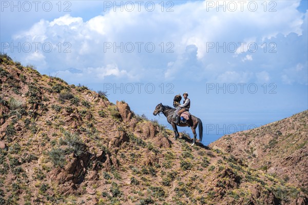 Traditional Kyrgyz eagle hunter with eagle in the mountains, hunting on horseback in front of dry