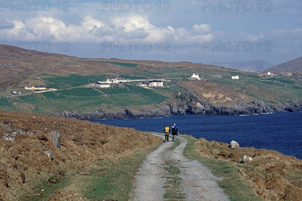 Country lane, in the background the mainland, walker, Dursey Island, Beara Peninsula, County Cork,