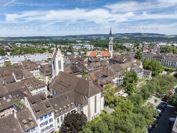 Aerial view, townscape, town centre, old town of Frauenfeld, left the protestant town church, right