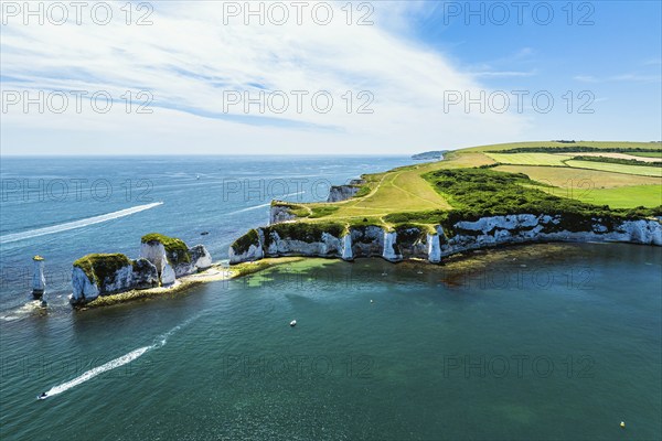 White Cliffs of Old Harry Rocks Jurassic Coast from a drone, Dorset Coast, Poole, England, United