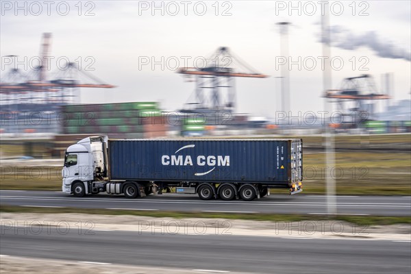 Container lorry, bringing containers to Euromax Container Terminal, the seaport of Rotterdam,