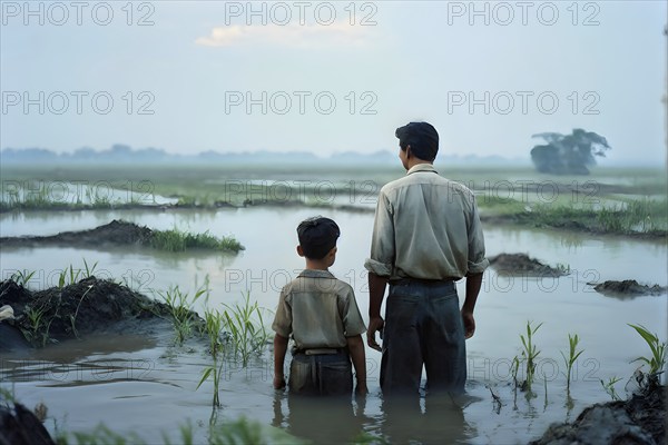 Distressed father and son farmers on their water flooded farmland, AI generated