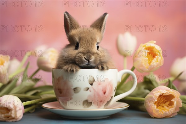 Cute small Easter bunny in rea cup with pink spring tulip flowers. KI generiert, generiert AI