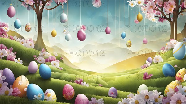 Surreal Easter scene with floating eggs, ribbons, and flowers in a dreamlike, whimsical composition