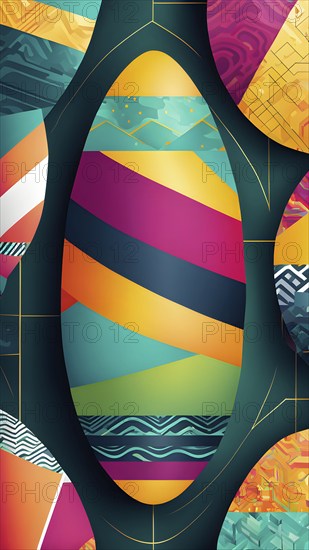 Abstract Easter egg design with geometric patterns, bold colors, and a mix of textures, creating a