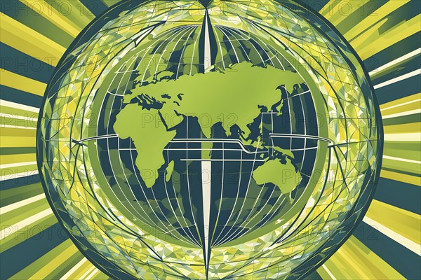 Illustration of a globe composed of triangular solar panels and swirling wind patterns, symbolizing