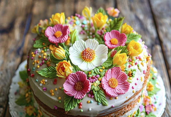Decorated Easter cake with intricate icing flowers and colorful sprinkles, placed on a rustic